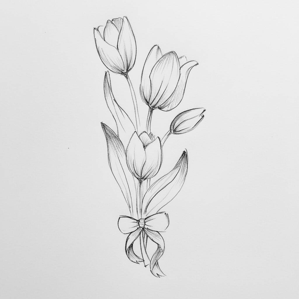 Desenho de buquê de tulipas com um laço