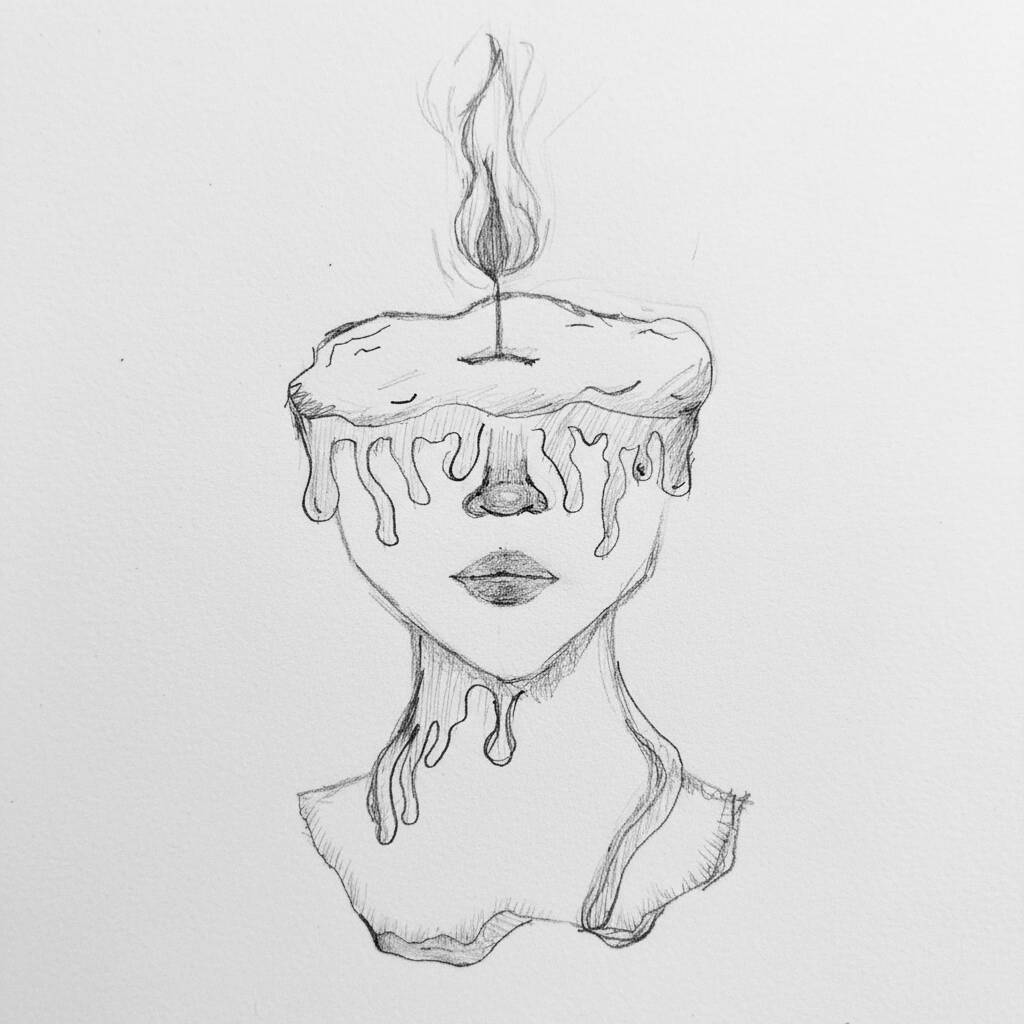 Desenho de uma cabeça com uma vela derretida em cima.