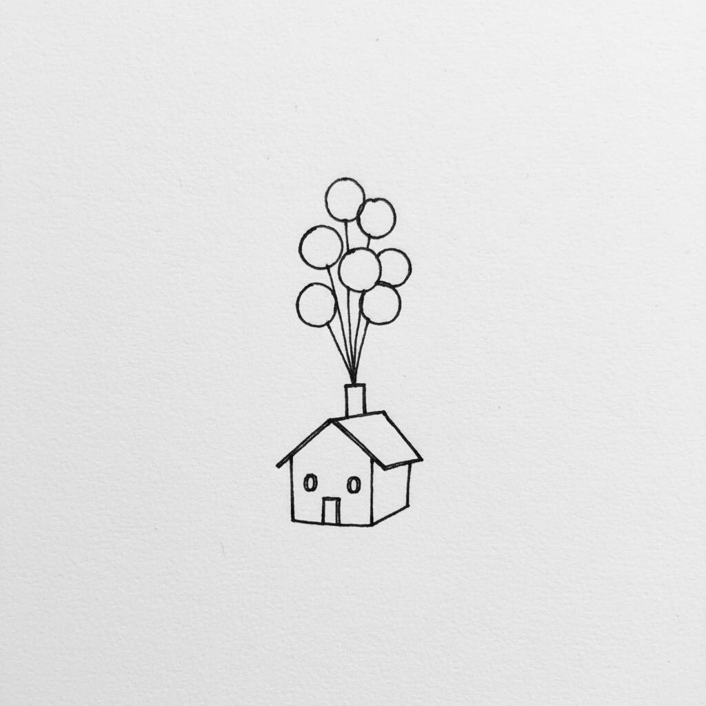 Desenho de uma casa com balões flutuando acima