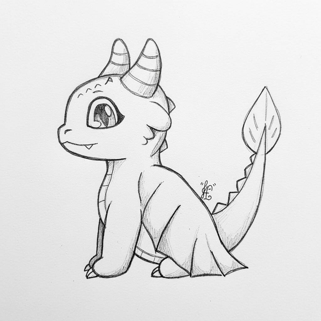 Desenho de um dragão fofo com grandes olhos e asas pequenas
