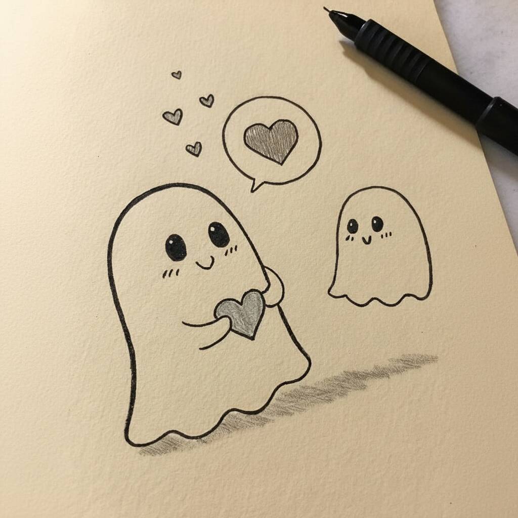 Desenho de fantasminhas fofos segurando um coração