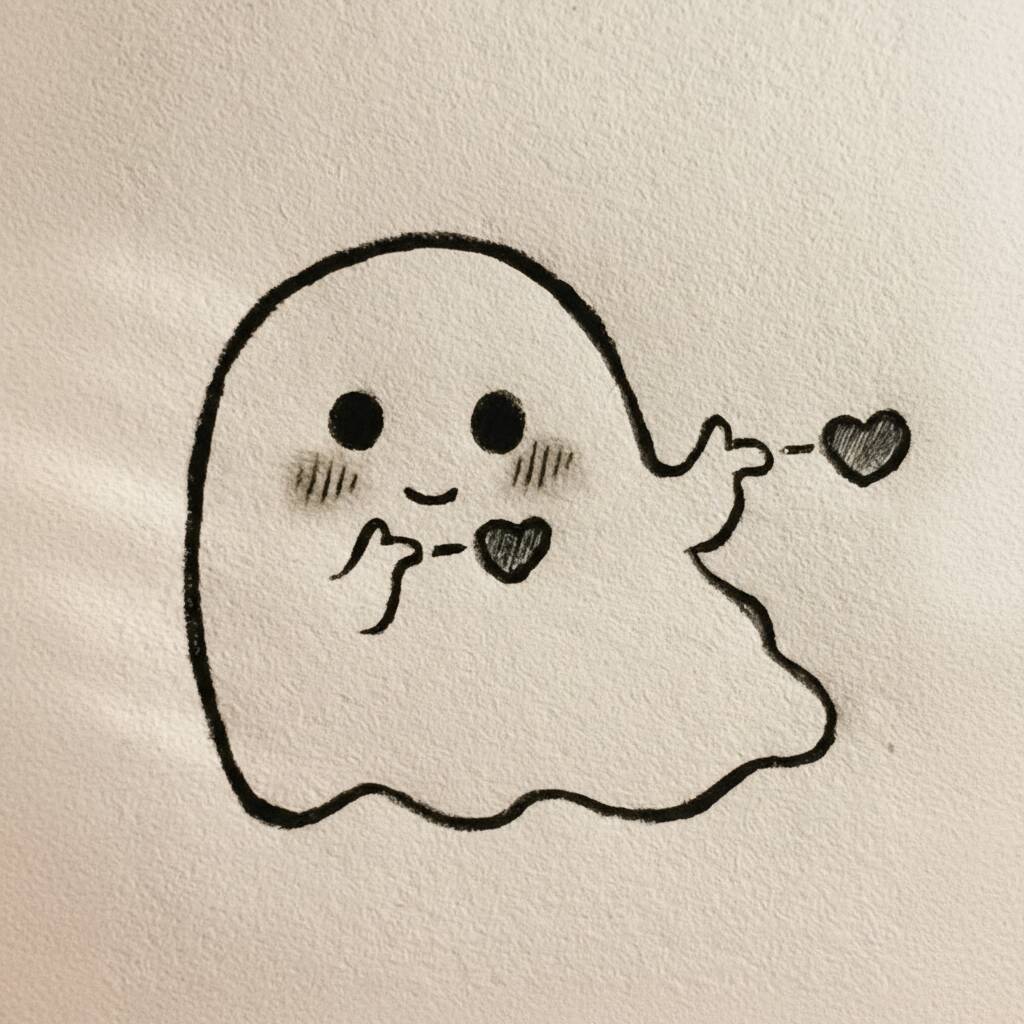 Desenho de um fantasminha sorridente segurando um coração