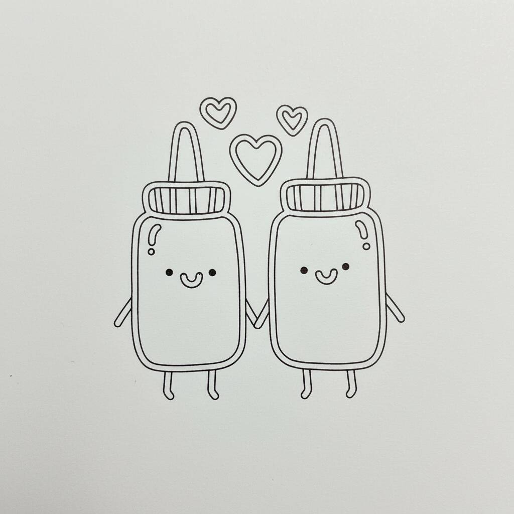 Desenho de dois frascos de mostarda e ketchup com corações