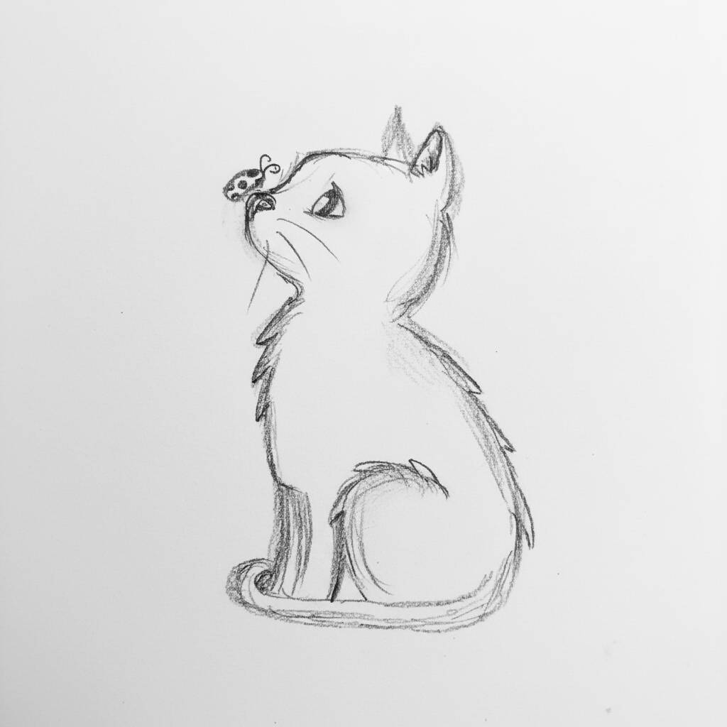 Desenho de um gatinho fofo olhando para uma borboleta