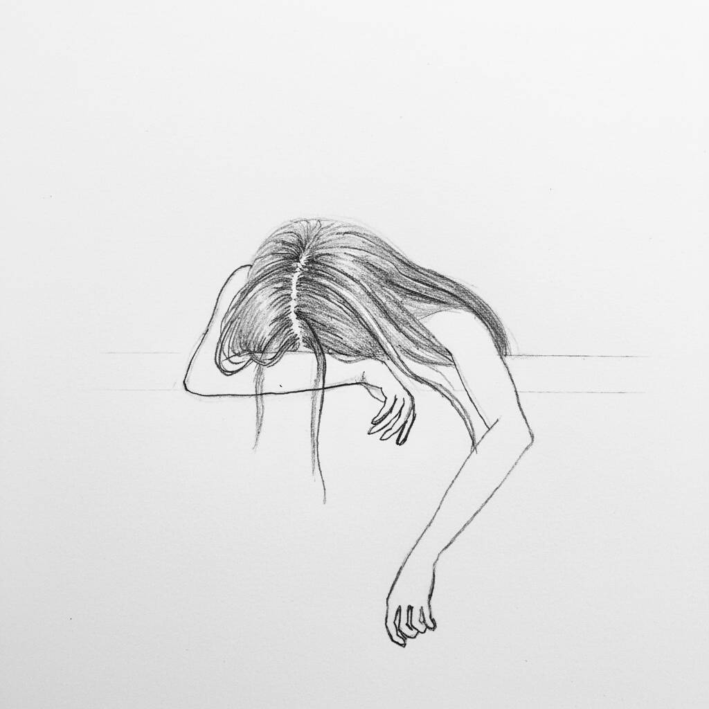 Desenho de uma menina com cabelo longo apoiada em uma mesa