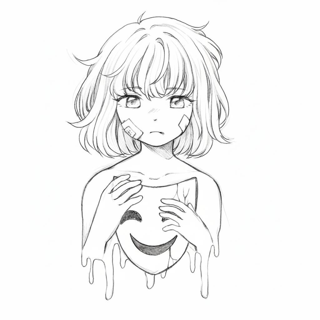 Desenho de uma menina com cabelo curto e máscara de sorriso derretendo.