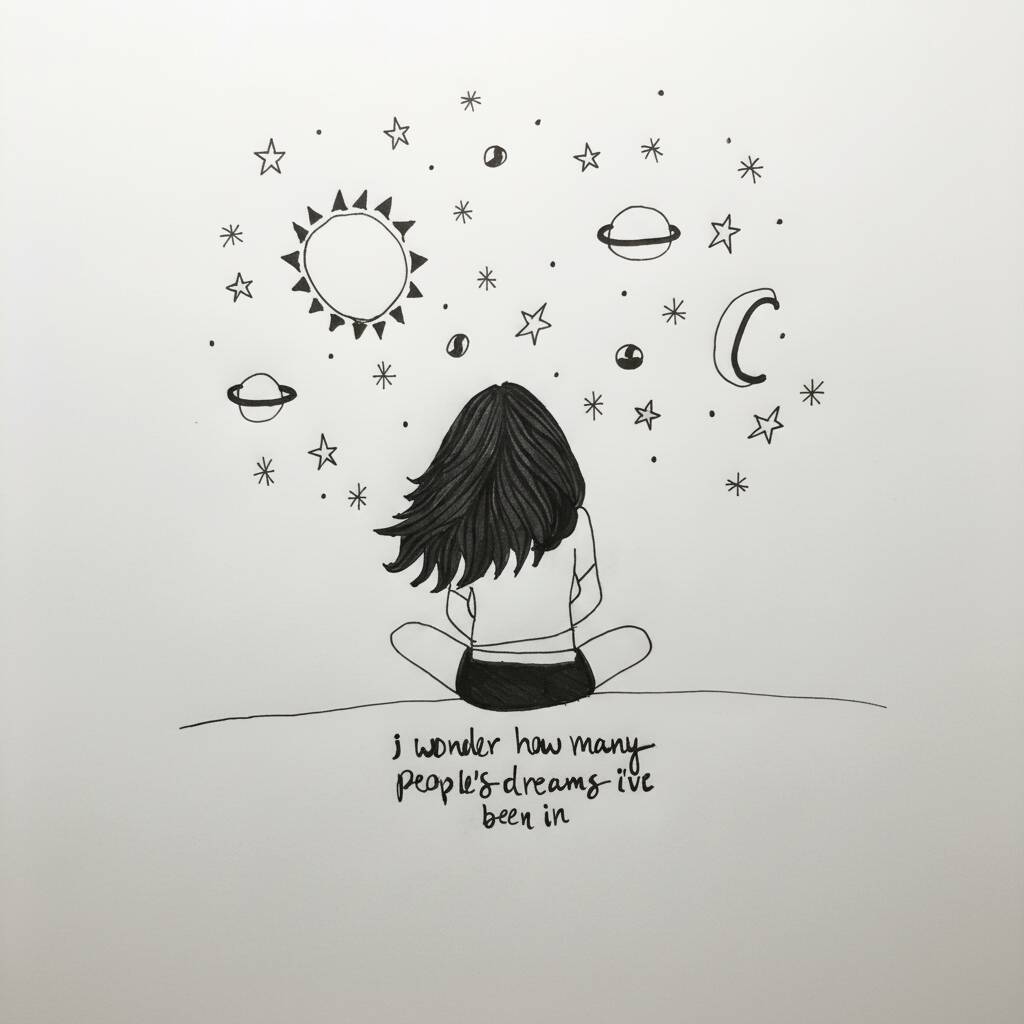 Desenho de uma menina sentada olhando para o céu estrelado com sol e planetas.