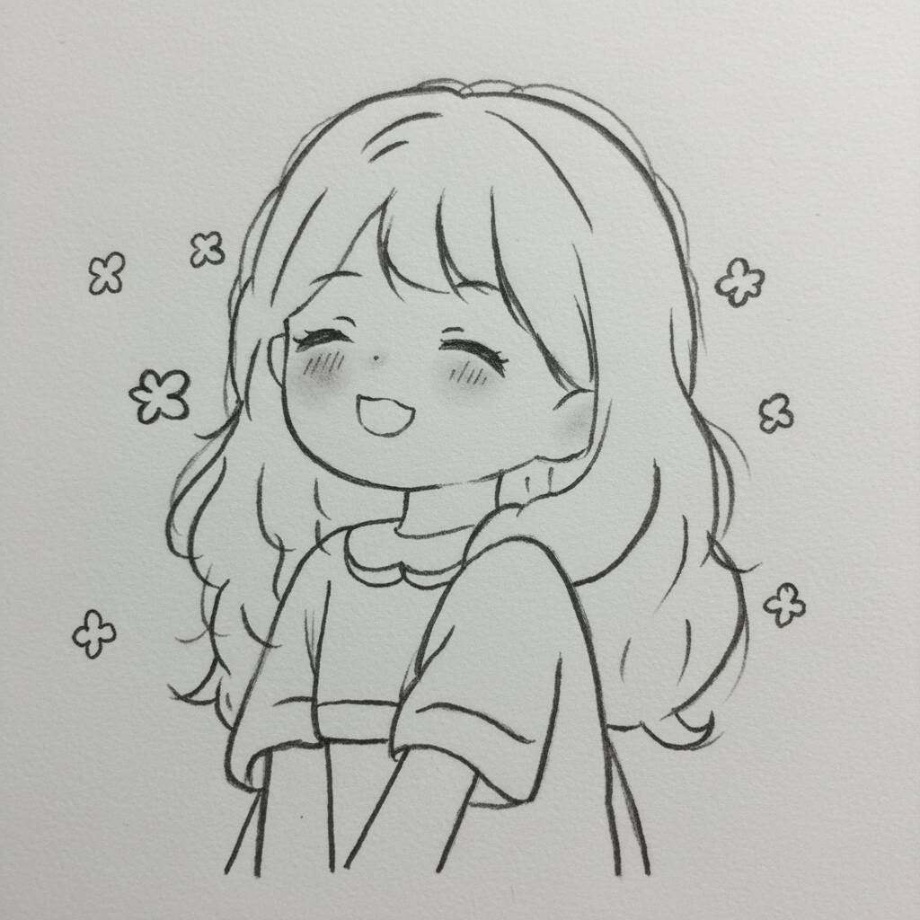 Desenho de uma menina sorridente com cabelo longo e flores ao redor.