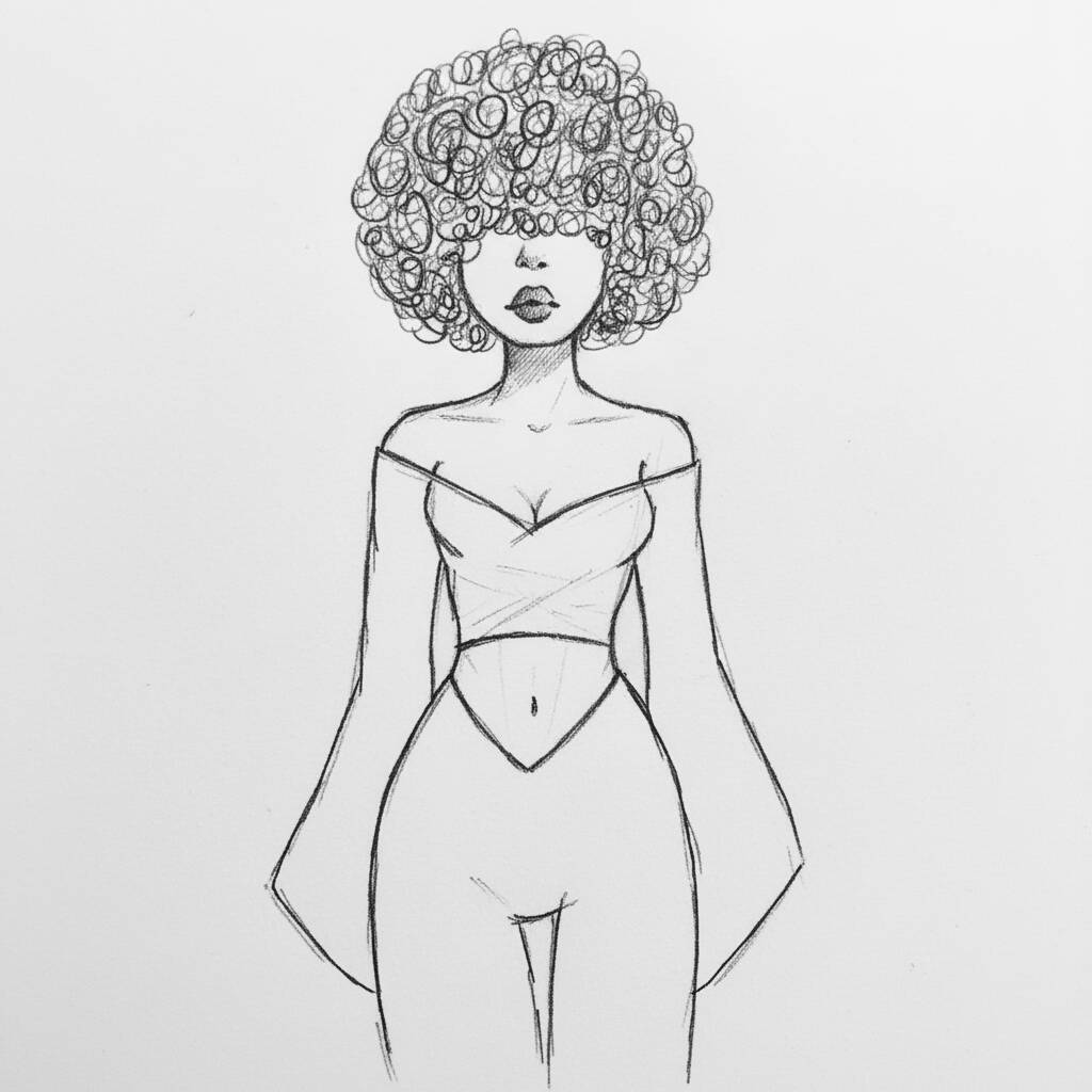 Desenho de uma mulher com cabelo cacheado e roupas estilosas