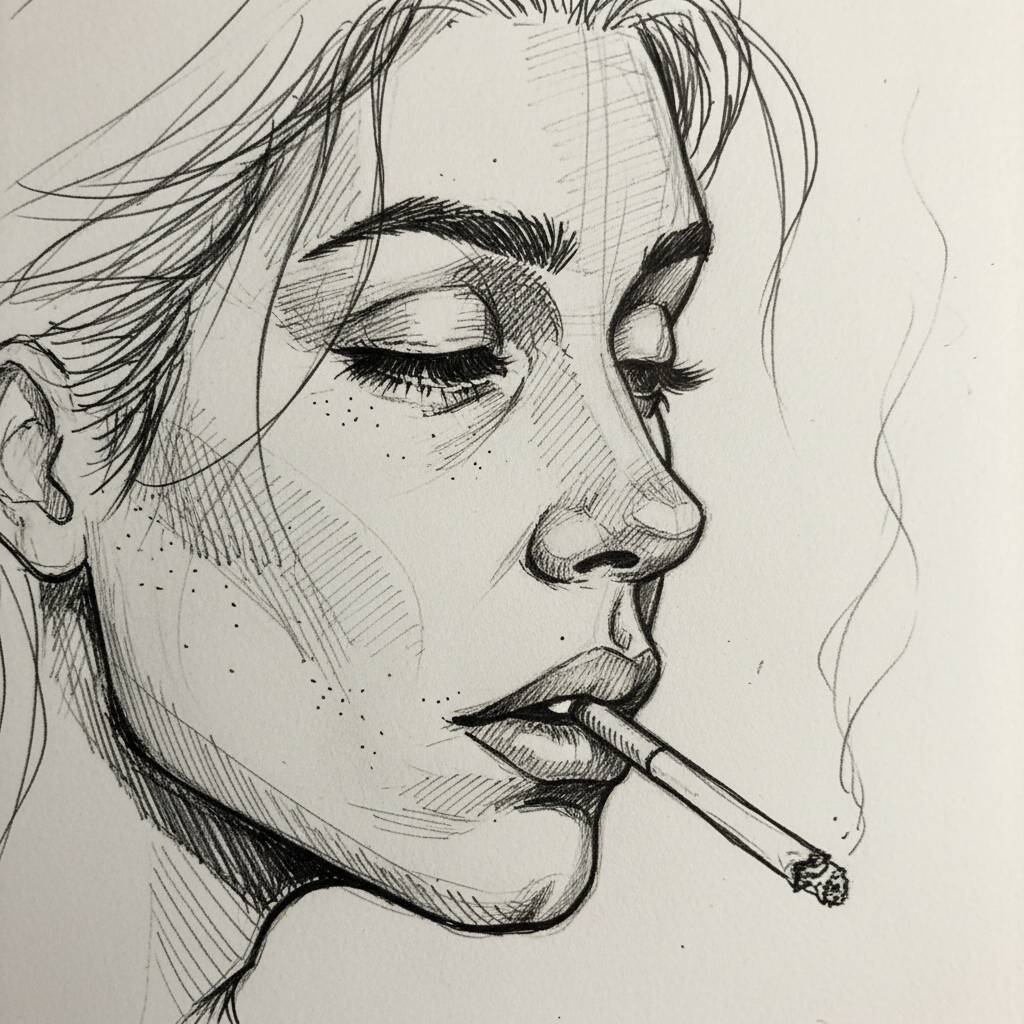 Desenho de uma mulher com cabelo solto e um cigarro na boca