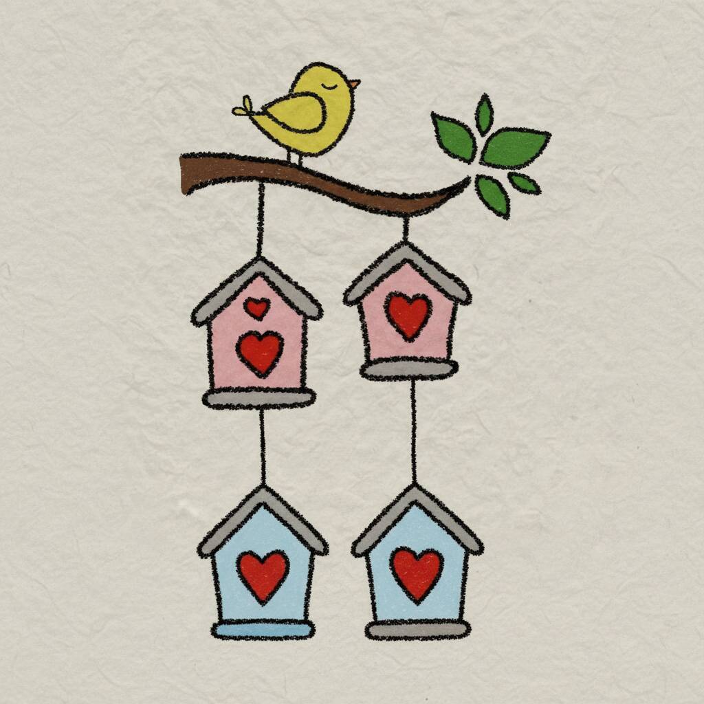 Desenho de um pássaro amarelo em um galho, com casas de passarinho coloridas e corações.