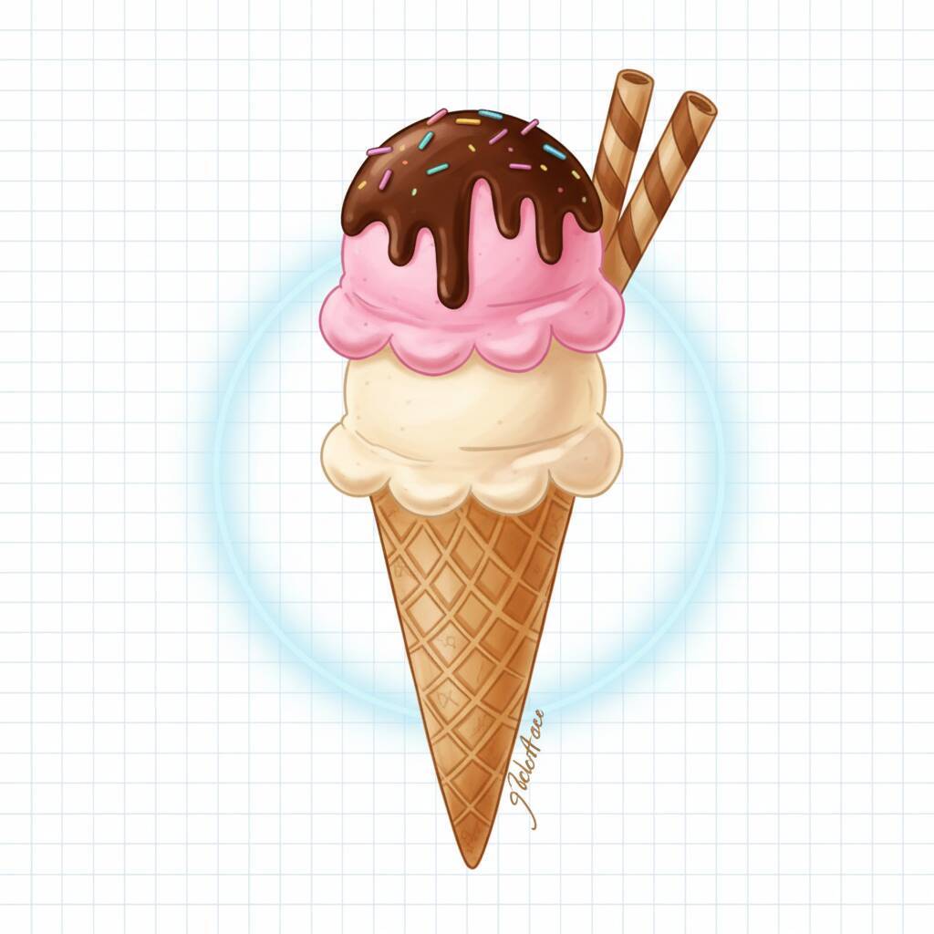 Desenho de um sorvete em casquinha com cobertura de chocolate e granulado colorido.