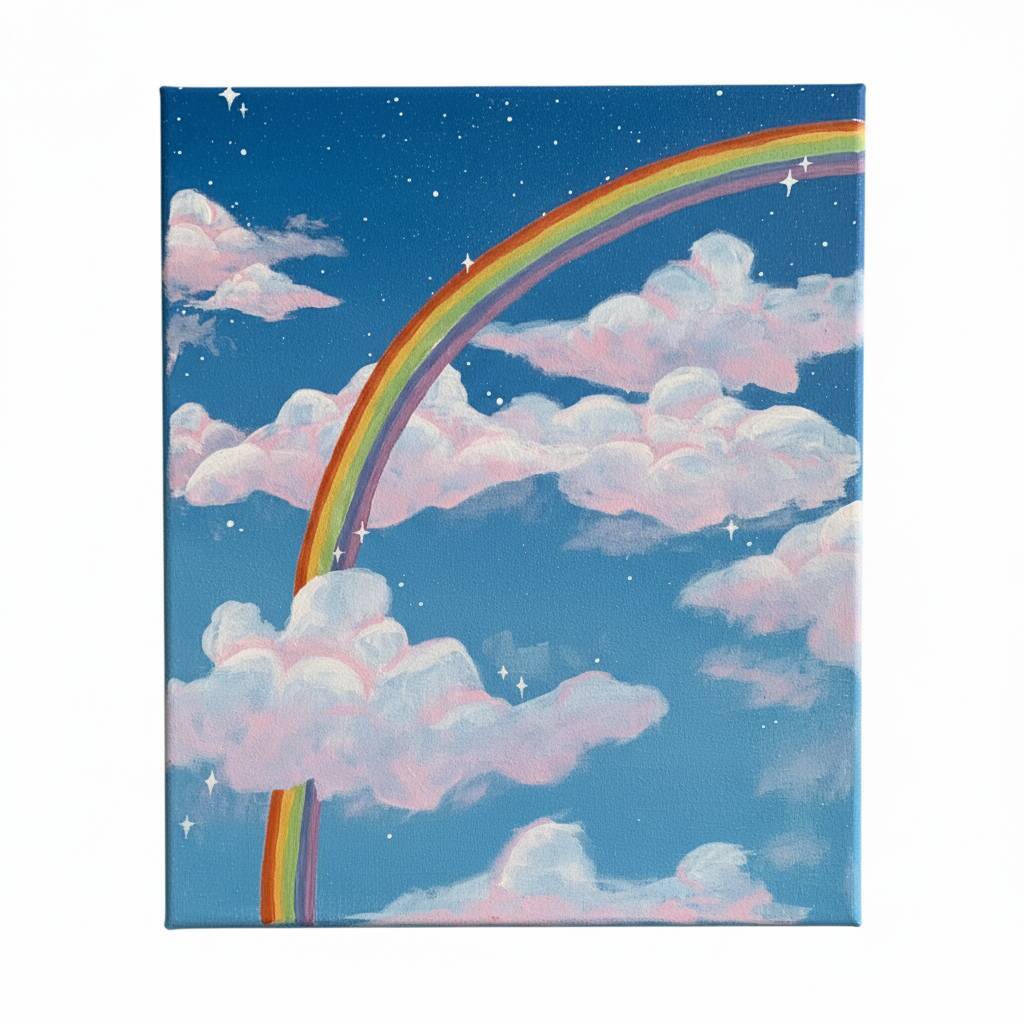 Desenho de um arco-íris colorido com nuvens suaves em um céu azul