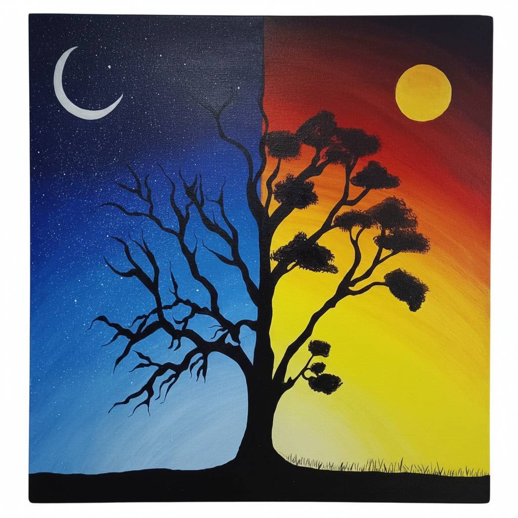 Desenho de uma árvore dividida entre o céu noturno e o céu diurno