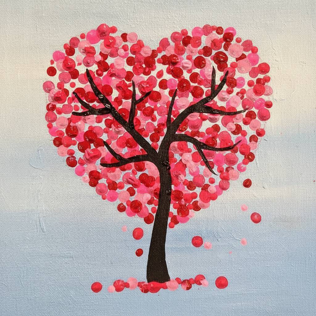Desenho de uma árvore em forma de coração com flores rosa.