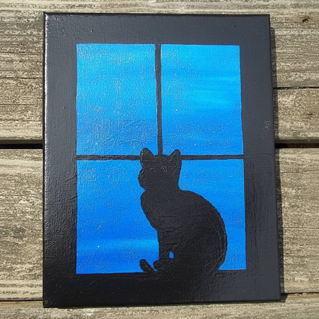 Desenho de um gato preto sentado na janela com fundo azul.
