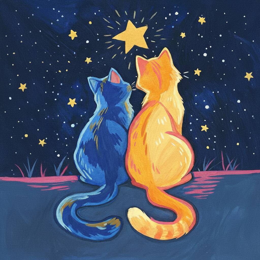 Desenho de dois gatos sentados sob um céu estrelado.