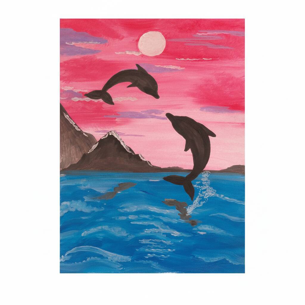 Desenho de golfinhos saltando sobre o mar ao pôr do sol