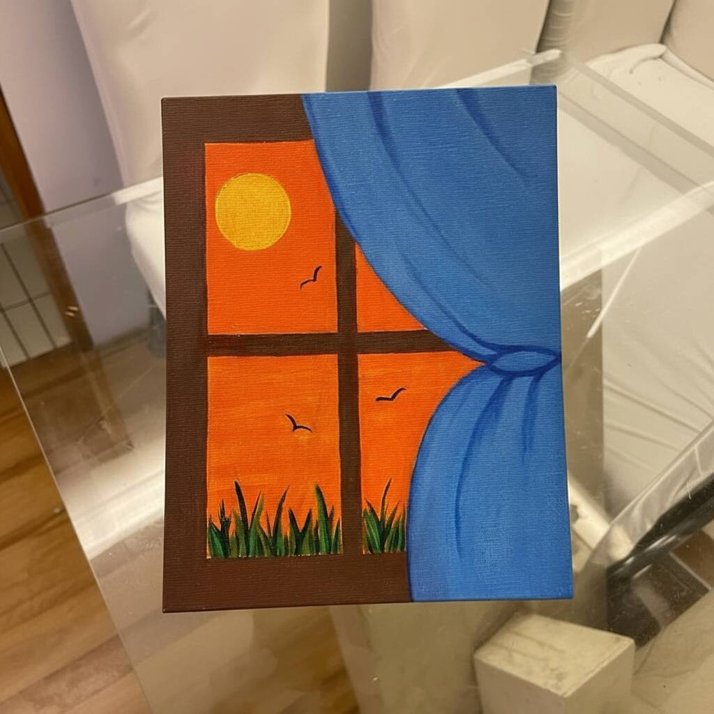 Desenho de uma janela com um pôr do sol e cortina azul
