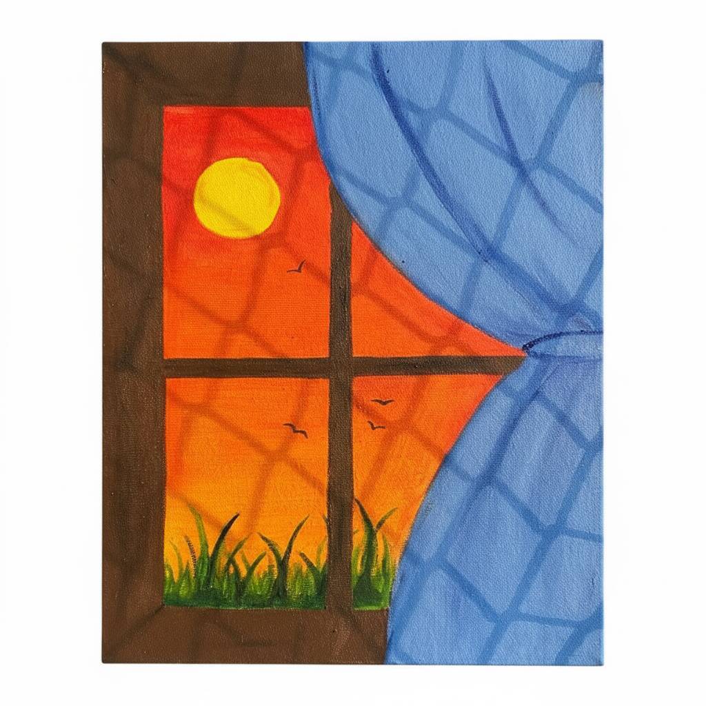 Desenho de uma janela com vista para um pôr do sol colorido