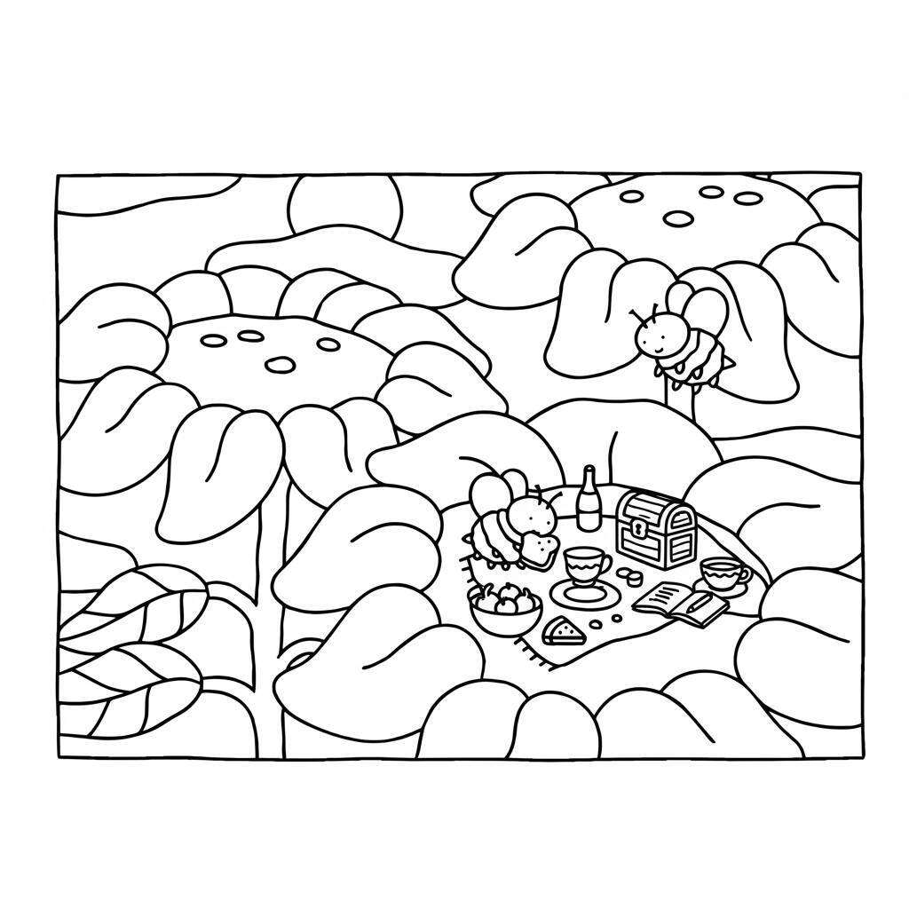 Desenho de abelhas em um campo de flores para colorir