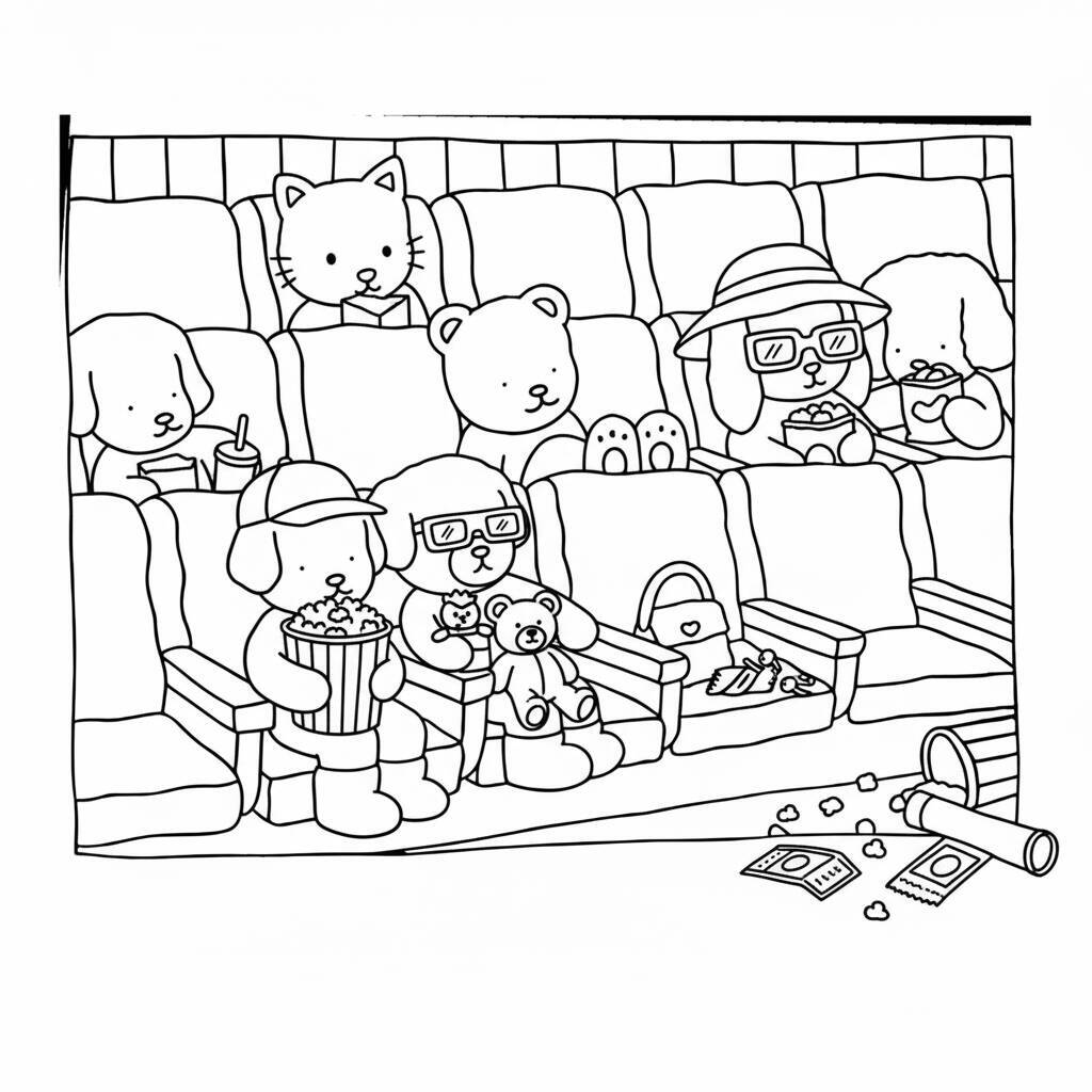 Desenho de Bobbie Goods e amigos assistindo a um filme no cinema