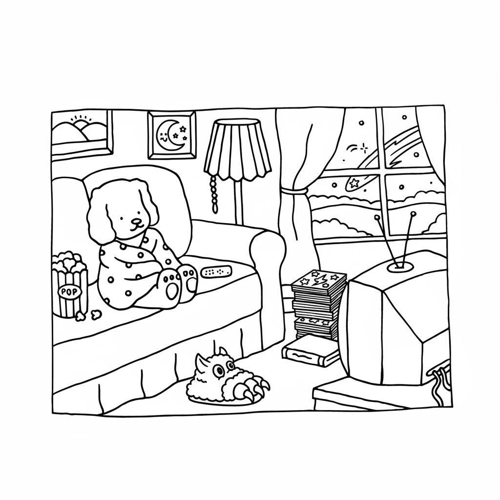 Desenho de um cachorro Bobbie Goods relaxando no sofá assistindo TV