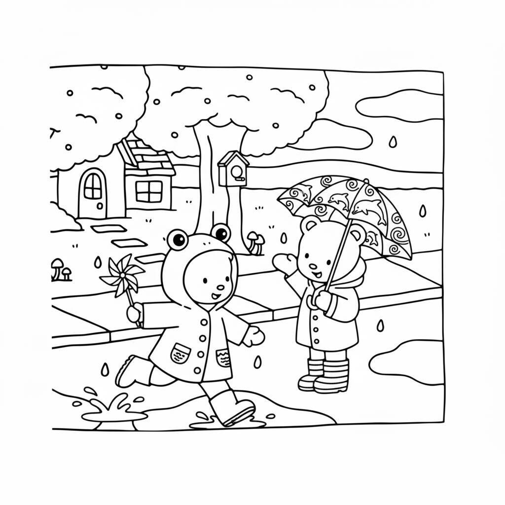 Desenho de crianças brincando na chuva com guarda-chuva e poças para colorir