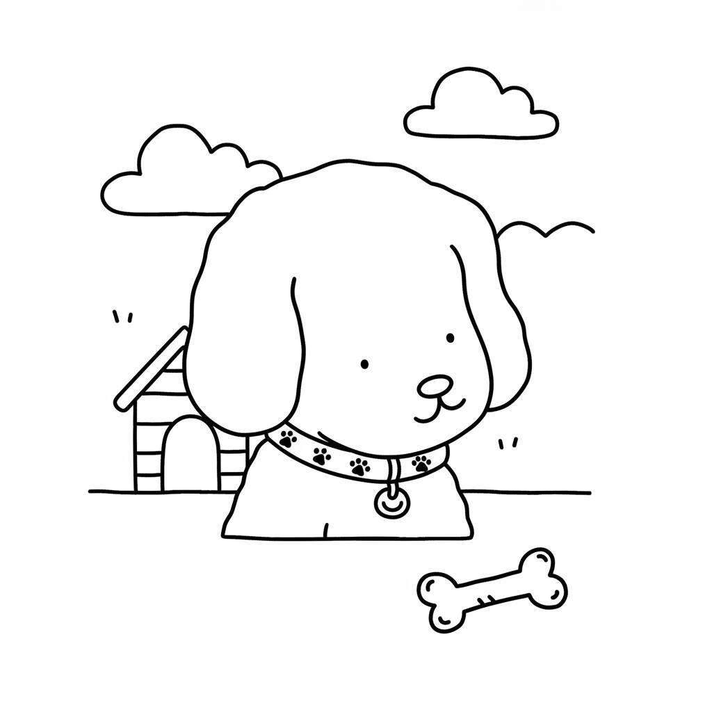 Desenho de um cachorrinho da Bobbie Goods com uma casinha e um osso para colorir