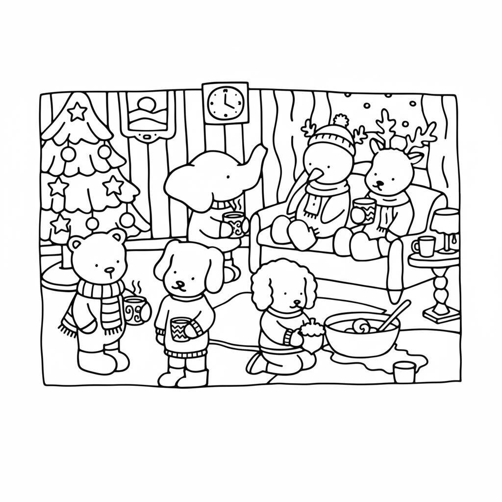 Desenho de Bobbie Goods com animais celebrando o Natal em um ambiente aconchegante