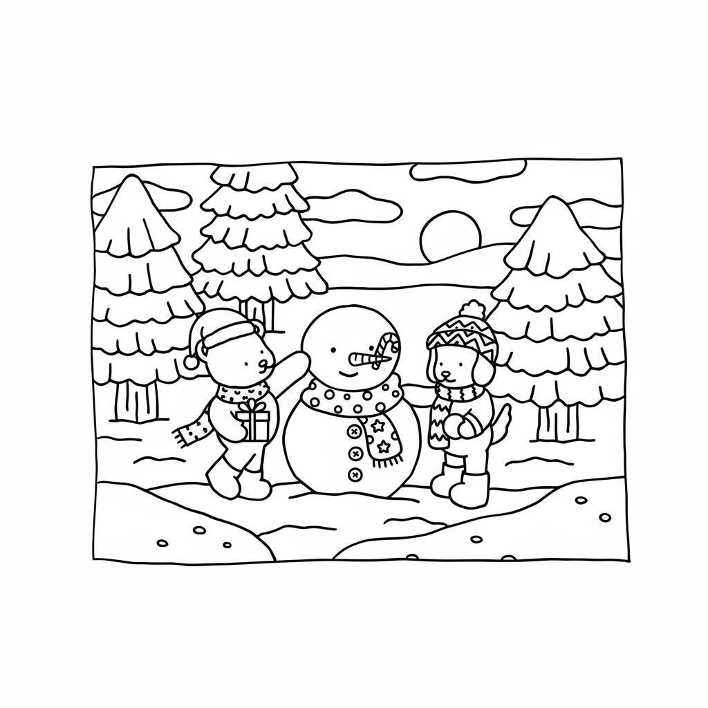 Desenho de Bobbie Goods com crianças e um boneco de neve em um cenário de inverno