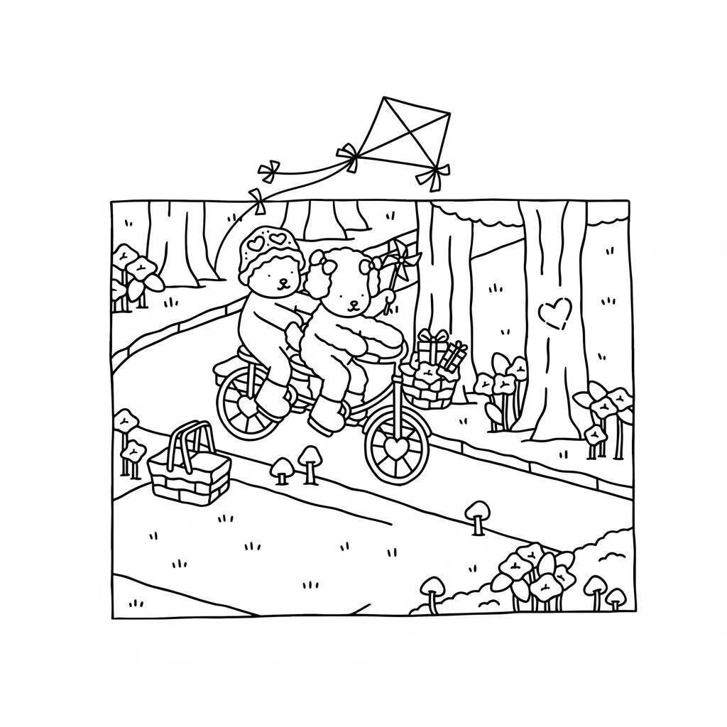 Desenho para colorir de ursinhos em uma bicicleta em um cenário de parque