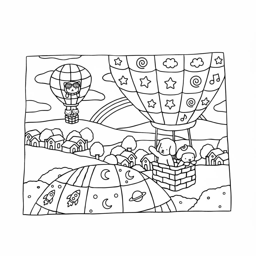Desenho de Bobbie Goods em um balão de ar quente sobre uma paisagem com casas e um arco-íris