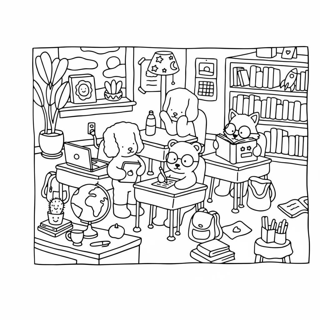 Desenho de animais em uma sala de aula com mesas, livros e materiais escolares para colorir