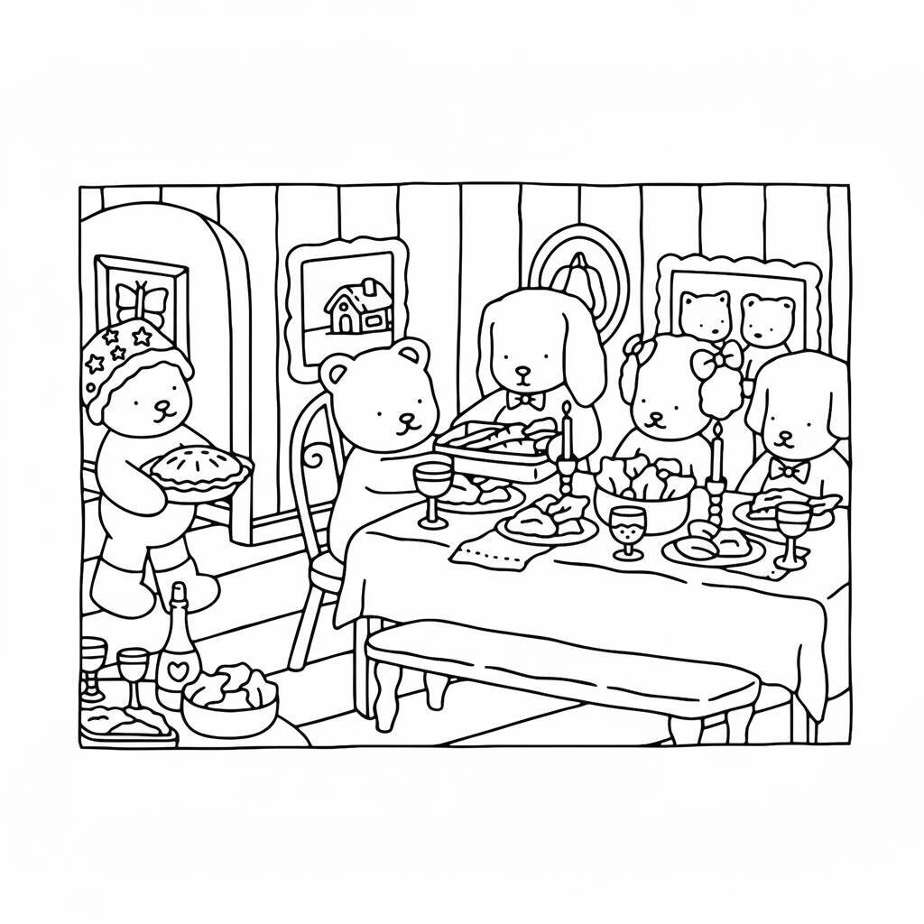 Desenho de Bobbie Goods com animais em um jantar em família