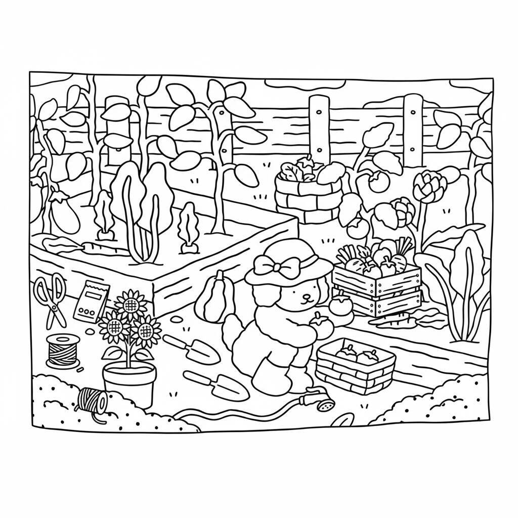 Desenho de Bobbie Goods jardineira em um jardim com flores e ferramentas de jardinagem