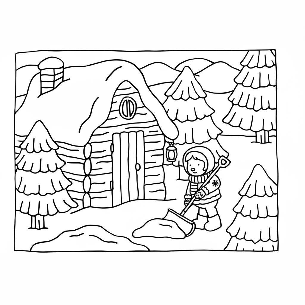 Desenho de Bobbie Goods na cabana de inverno com árvores e montanhas para colorir