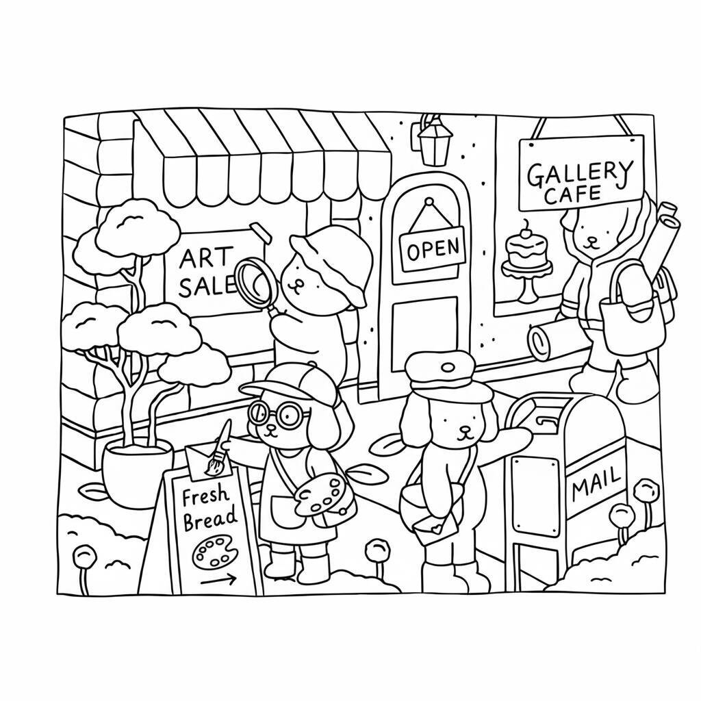 Desenho para colorir de Bobbie Goods em uma galeria de arte com cachorrinhos