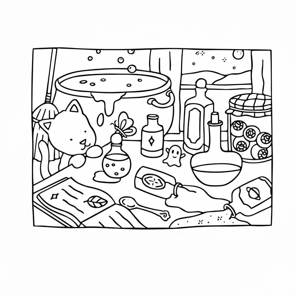 Desenho de Bobbie Goods em uma oficina com poções e ingredientes mágicos para colorir