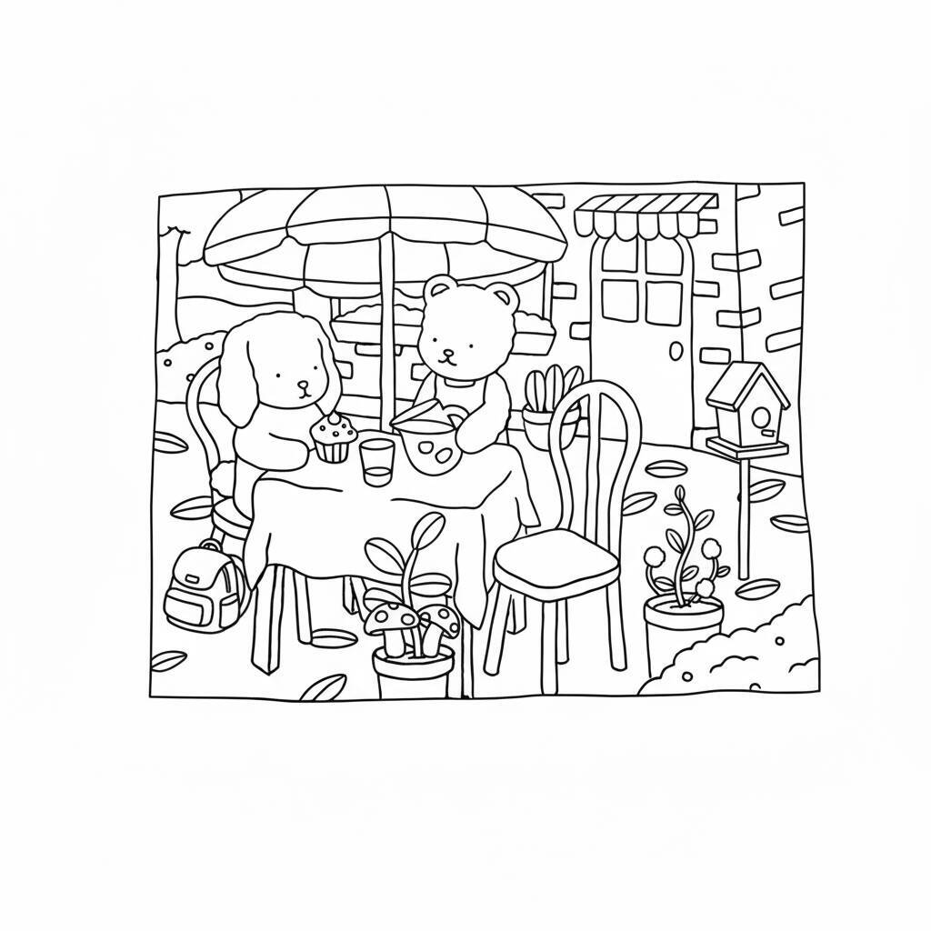 Desenho para colorir de Bobbie Goods com um cachorro e um urso em um café ao ar livre