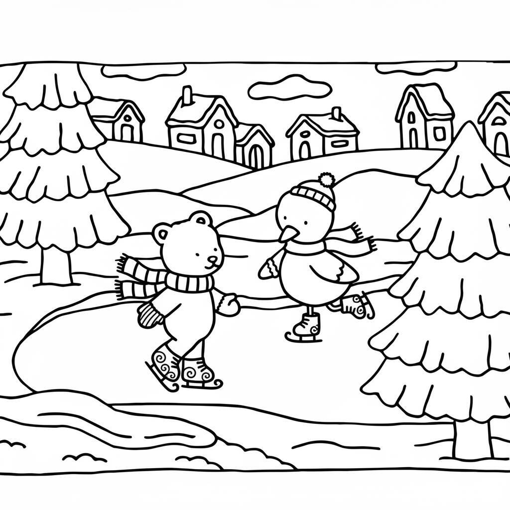 Desenho de Bobbie Goods patinando no gelo com um pato em um cenário de inverno