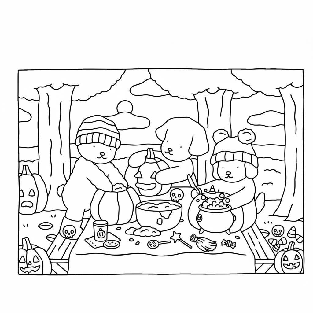 Desenho para colorir de Bobbie Goods e amigos preparando doces de Halloween
