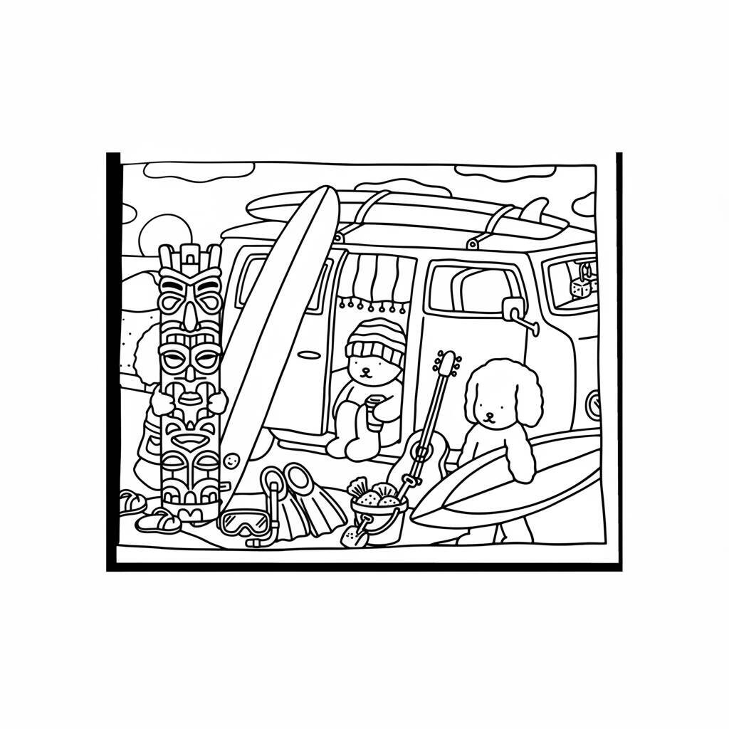 Desenho para colorir de Bobbie Goods com surfistas e uma van na praia