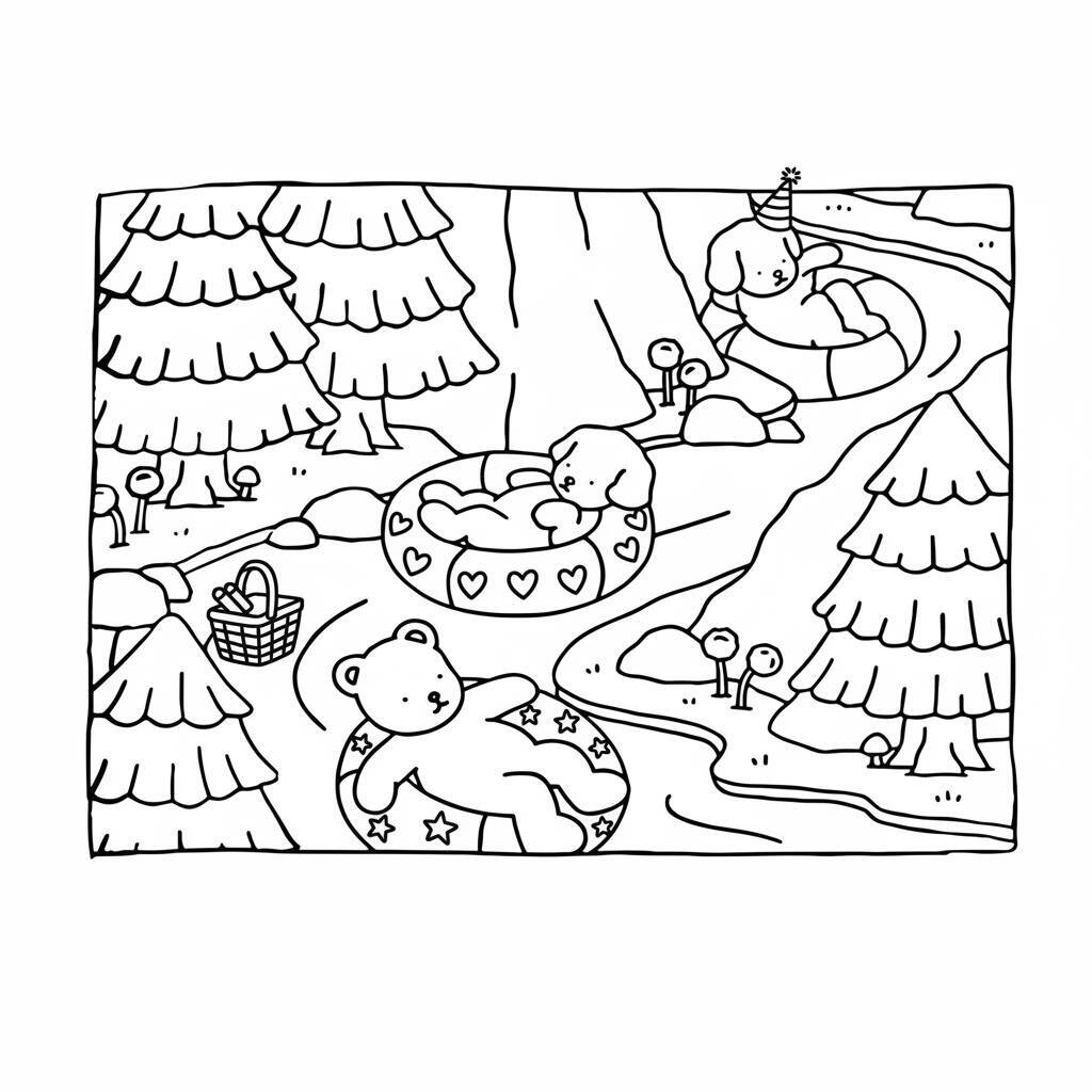 Desenho de ursinhos em um cenário de floresta para colorir