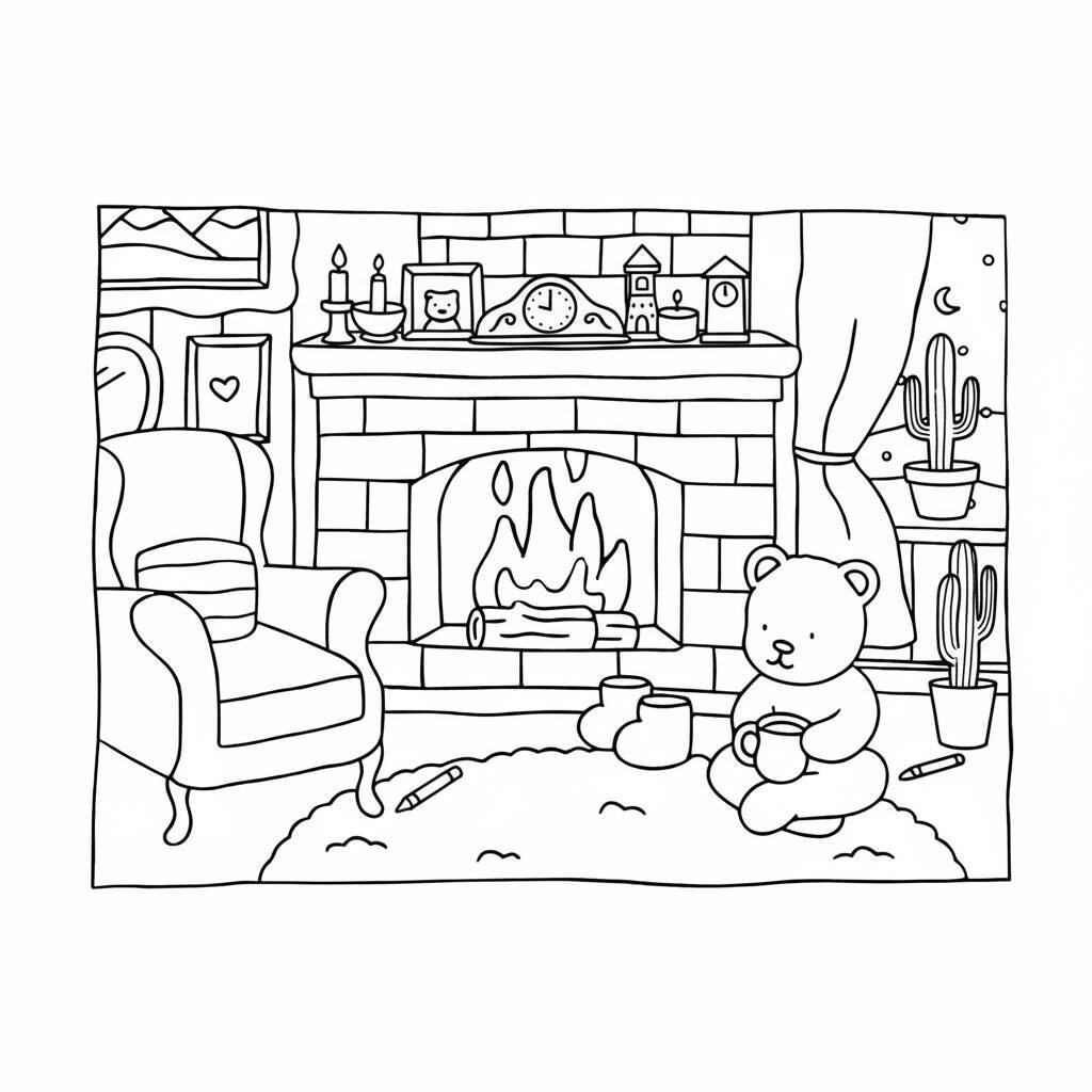 Desenho para colorir de um urso sentado em uma sala aconchegante com lareira