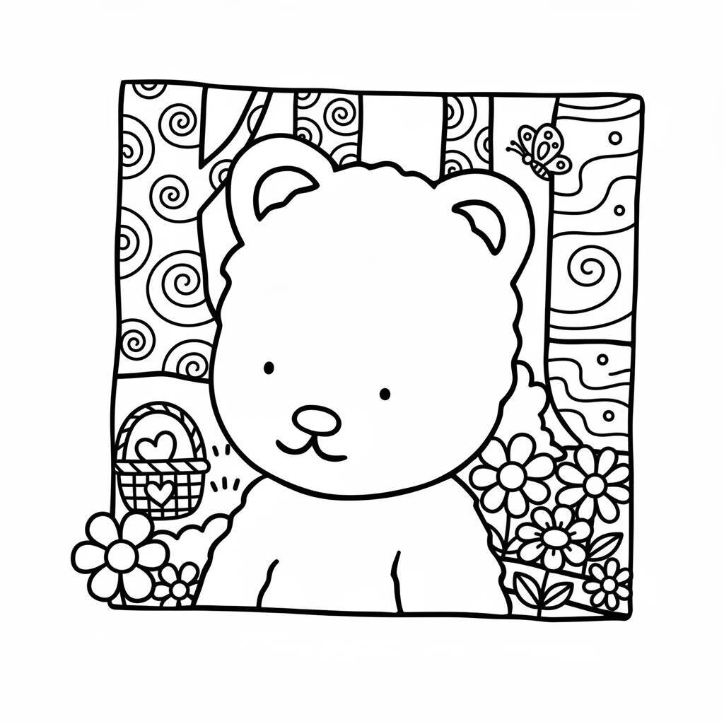 Desenho de um urso em um jardim com flores e uma cesta