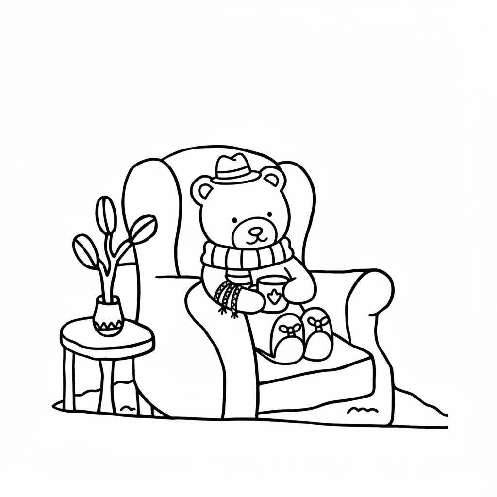 Urso Bobbie Goods sentado em um sofá aconchegante, pronto para colorir.