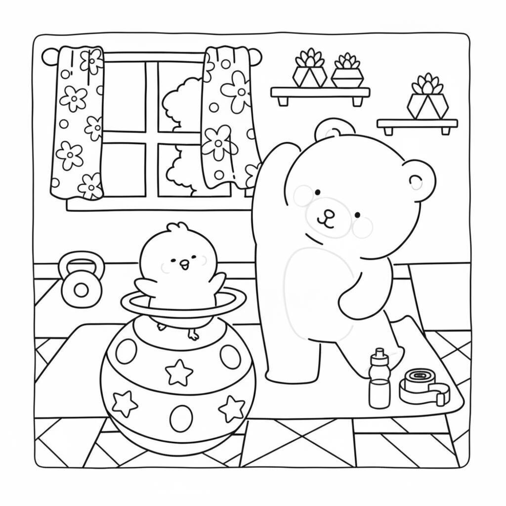 Desenho para colorir de Coco Wyo brincando com um urso em um ambiente divertido