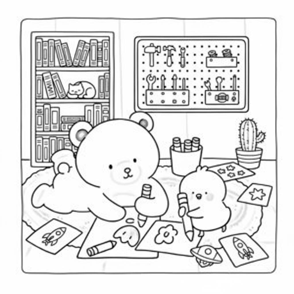 Desenho para colorir de Coco Wyo com um urso e um amigo desenhando