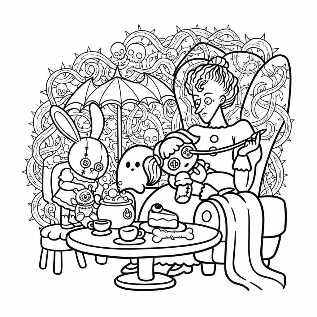 Desenho de Coco Wyo e amigos em uma tarde de chá, pronto para colorir